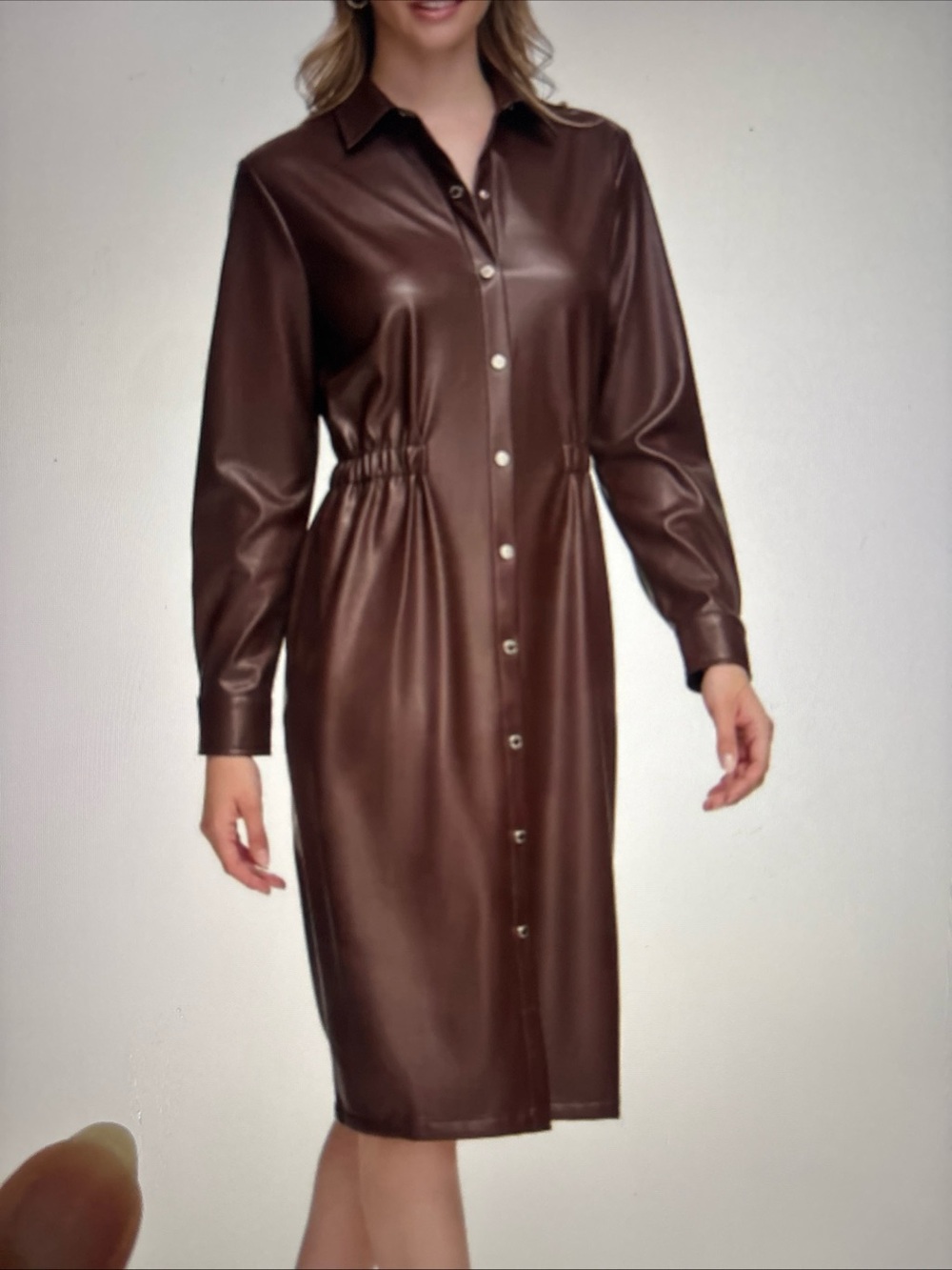 Calvin Klein Women’s Faux Leather Long Sleeve Button Dress NWT Size Large